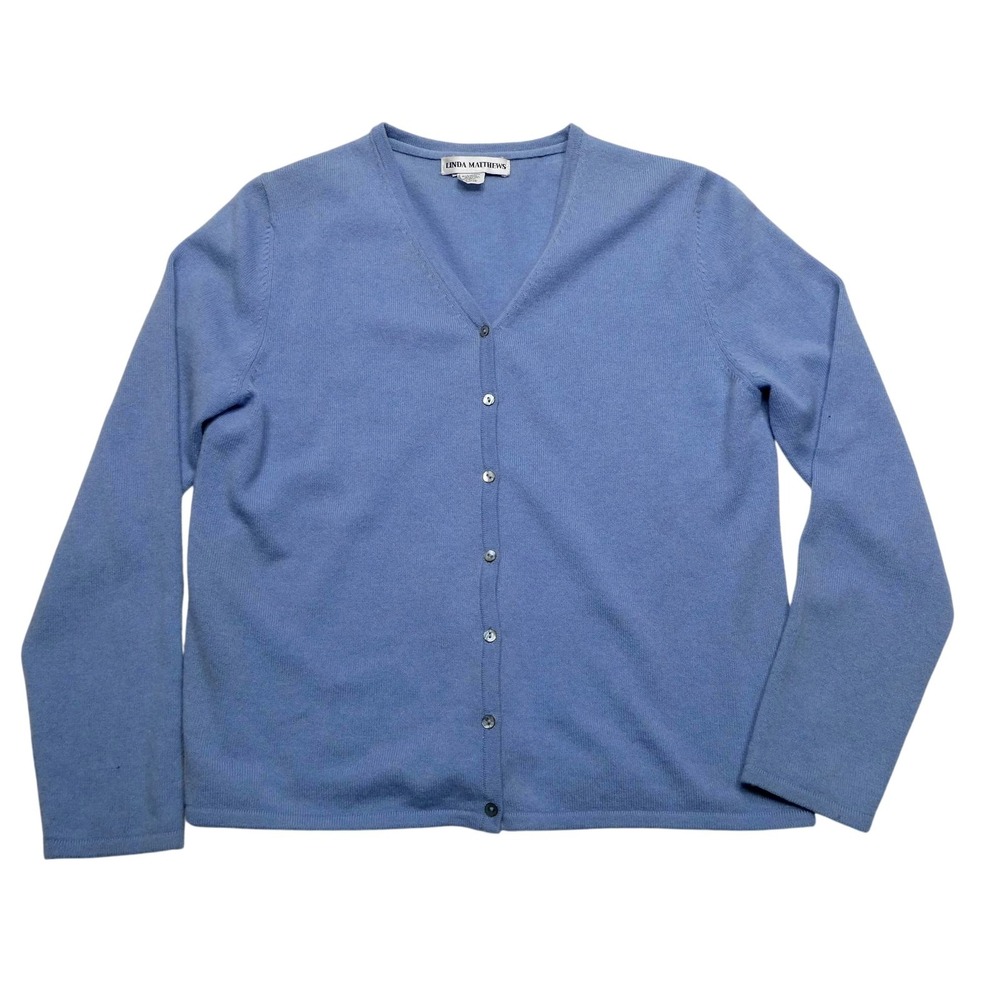 Linda Matthews Cardigan Sweater‎ Womens Medium Blue Cashmere Wool V Neck Button